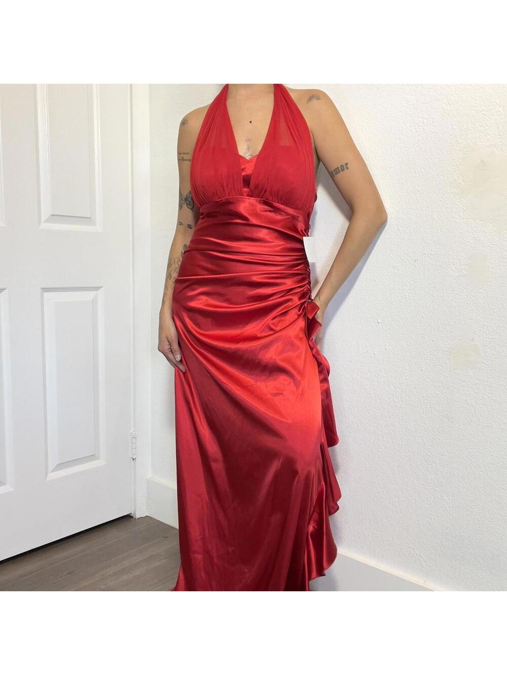 Red Satin Halter Maxi Dress Gown